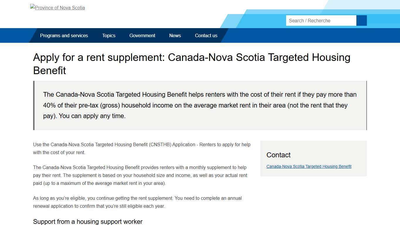 Apply for a rent supplement: Canada-Nova Scotia Targeted Housing Benefit - Government of Nova Scotia